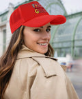 Too Cool For 1st Grade Baseball Hat For Women Vintage Red Trucker Cap With Front Artwork, worn by smiling woman outdoors