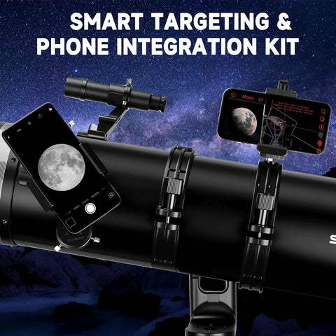 130mm Professional Astronomical Telescope With 650mm Focal Length For Bright Views Alt Az Mount With Fine Adjustment Dual Phone Adapters Moon Filter 65X And 32 Point 5X Magnification Ideal For Adults And Beginners. telescope with dual phone adapters showing moon viewing