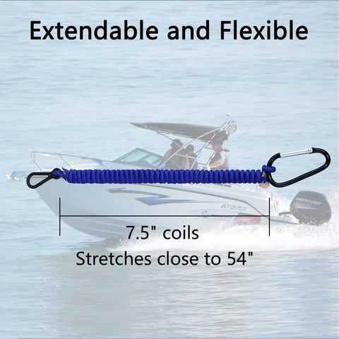 Boat Kill Switch Lanyard Replacement Tether 54 Inch Blue for Outboard Boats shown on background with boat
