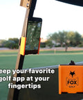 Universal Golf Cart Phone Mount With Heavy Duty Strap For Hands Free Gps And Score Tracking Patriotic Flag Caddy For Course Swag And Sweet Rides, phone holder secured to golf cart.