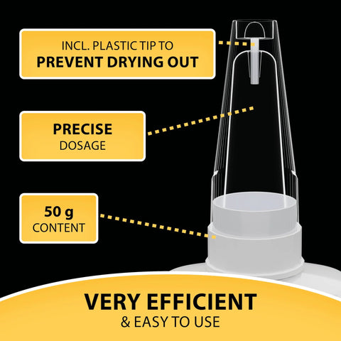 Front view: 3D printer superglue gel bottle with precision tip, 50 g content, no-drip design