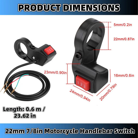 Three Speed 22mm Handlebars Switch For Seven Eighths Inch Ebike And Motorcycle Bars dimensions display