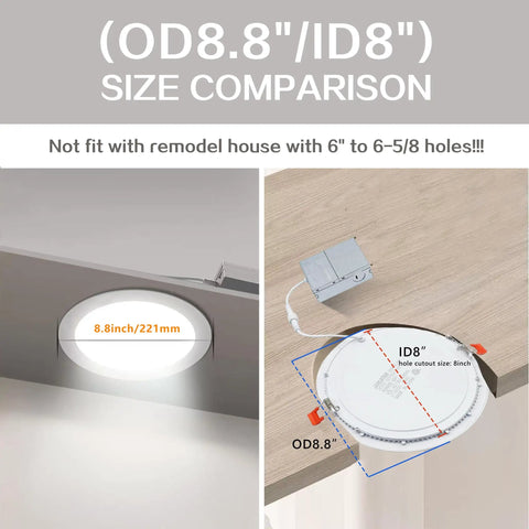 Size comparison of Six Pack 8 Inch LED Recessed Lights With Junction Box, highlighting 8.8 inch cutout requirement.