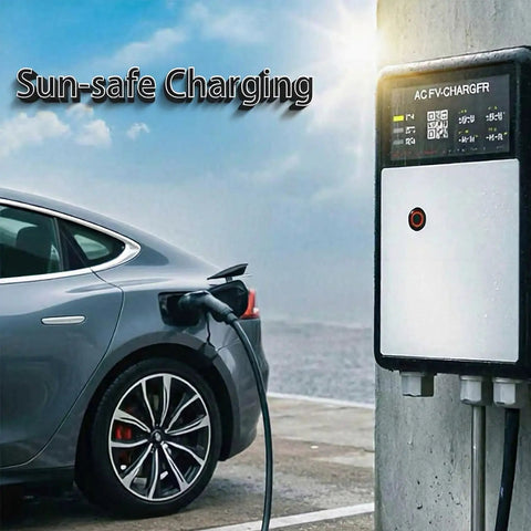 Electric car charging with Level 2 EV Charger With J1772 Connector, 32A/7kW, 4.3-Inch Display, weatherproof enclosure