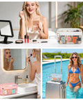 Clear SPF Sunscreen Bag With Handle For Beach And Pool, shown on a counter and by a pool, with toiletries inside, waterproof PVC.