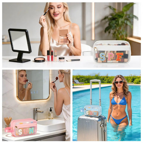 Clear SPF Sunscreen Bag With Handle For Beach And Pool, shown on a counter and by a pool, with toiletries inside, waterproof PVC.