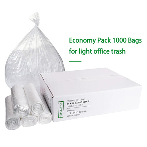 No Mess Clear Trash Bags Bulk Bundle One Thousand Count Seven To Ten Gallon Scent Free Garbage Liners Star Seal Bottom in a pack.