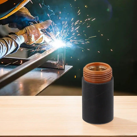 Built to Last Plasma Retaining Cap 220854 for MAX105 Torch Replacement Part with Durable Bakelite Polymer Brass Blend for a Stable Fit and Clean Pro Shop Grade Cut Quality, threaded cap close-up