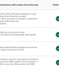 Features of ecobee Smart Security displayed with check marks next to benefits for door and window monitoring, energy savings, and alerts.