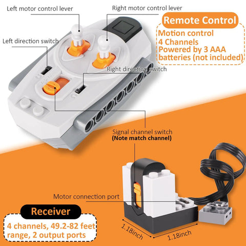 Remote control and receiver for 5 In 1 Motor Kit For Stud Building Blocks With High Torque Motors Remote Control Ready To Roll Battery Box