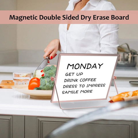 Rose Gold Magnetic Desktop Dry Erase Whiteboard Double Sided With Stand 16 By 12 Inches used in a kitchen setting