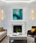 Natural Alabaster Wall Sconces Set Of Two Cylinder LED Wall Lights With Matte Black Metal Base in a modern living room.