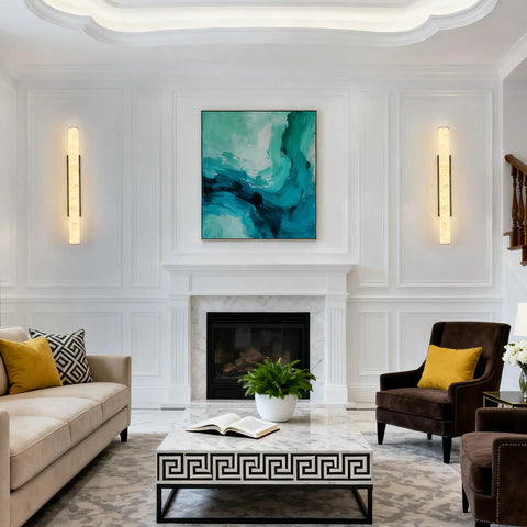Natural Alabaster Wall Sconces Set Of Two Cylinder LED Wall Lights With Matte Black Metal Base in a modern living room.