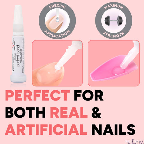 Perfect Bond Nail Glue For Natural And Artificial Nails, Super Strong Quick Dry, demonstrating application and strength.