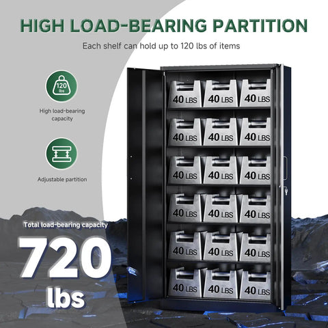 Metal Storage Cabinets With Locking Doors, Tall Locker Organizer, showing load-bearing capacity of 720 lbs on shelves