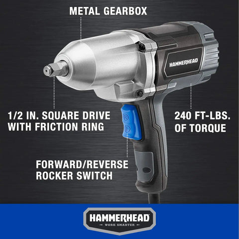 Beefy 7.5 Amp 1/2 Inch Impact Wrench Delivers 240 Ft-Lbs Torque, 2200 RPM, 2700 IPM With Friction Ring Anvil shown