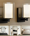 Modern Matte Black Wall Sconces Set Of Two Double Clear Glass Vanity Lights With Upward Downward Mounting For Bathroom Bedroom Decor, mounted.