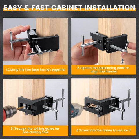 Image showing step-by-step use of Cabinet Installation Clamp Kit For Easy Face Frame Cabinetry Installations, Heavy Duty All Metal Claws With Two Flexible Drill Guides One Eighth And Three Sixteenths, Orange And Black 2 Pack.