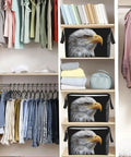 Super Roomy Polyester Storage Basket With Reinforced Handles Major Closet Organizer displaying eagle design with folded towels and clothing.
