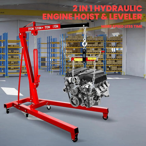 Heavy Duty 2 Ton 4400 Lbs Engine Hoist Folding Alloy Steel Cherry Picker Portable Hydraulic Crane in workshop lifting an engine.