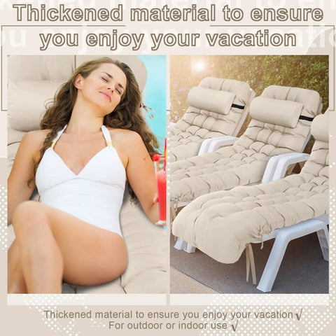 Outdoor Chaise Lounge Cushion Set 66 By 21 By 4 Inch Waterproof And Fade Resistant For Patio And Poolside Includes Headrest Pillow Tie Straps Replaces Rocking High Back Cushions Light Beige Set Of 2