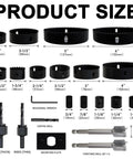 Top Tier 22 Piece Hole Saw Set With Heavy Duty High Carbon Steel Blades Covers 3/4 To 6 Inches showing various sizes and components.