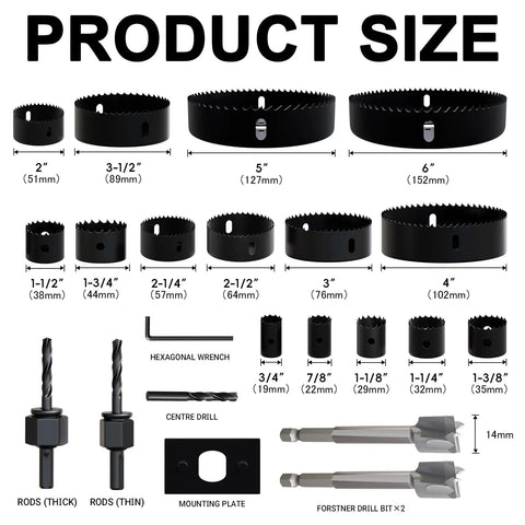 Top Tier 22 Piece Hole Saw Set With Heavy Duty High Carbon Steel Blades Covers 3/4 To 6 Inches showing various sizes and components.