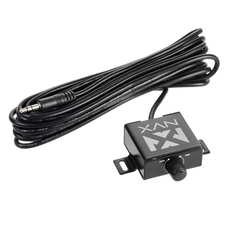 Black control box with knob and attached cable for Beefy 600W RMS Two Channel Marine Amplifier With 1200W Peak Bridgeable Micro Class D IPX67 Waterproof