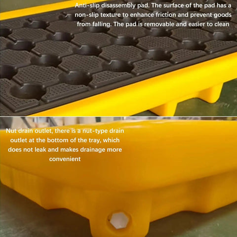 Oil Spill Containment Tray For Warehouses, Modular Polyethylene Pallet With Drain, detailed view of anti-slip pad and nut drain outlet