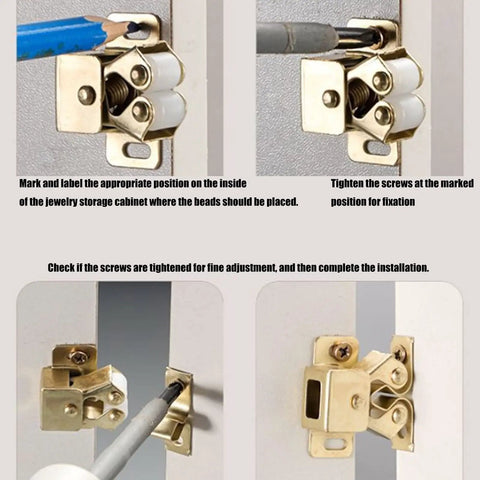 Installation guide for Heavy Duty Double Roller Cabinet Door Catches for Wardrobe And Cupboard Smooth Glide Metal Hardware.