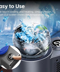 2 In 1 Smart Car Cup Warmer And Portable Cooler 12V Universal Heated Drink Holder With Digital Temp Display filled with ice cubes and LCD temp.