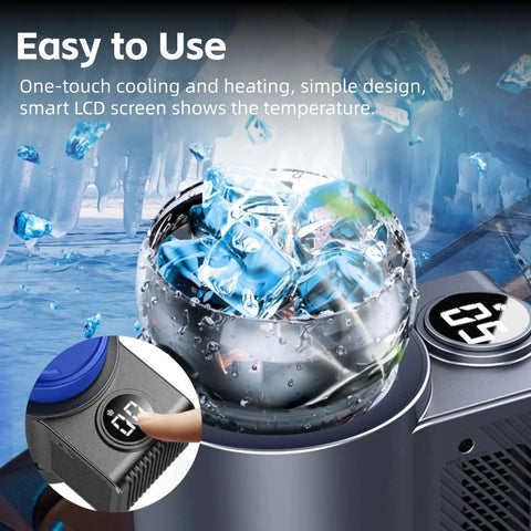 2 In 1 Smart Car Cup Warmer And Portable Cooler 12V Universal Heated Drink Holder With Digital Temp Display filled with ice cubes and LCD temp.