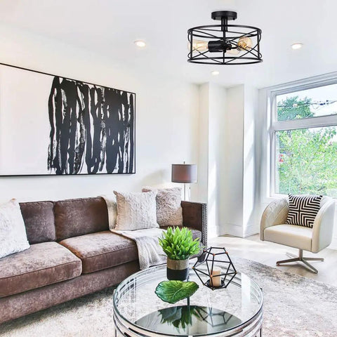 Dope 3 Light Semi Flush Mount Ceiling Light Industrial Black Metal Farmhouse Style Fixture in modern living room setting