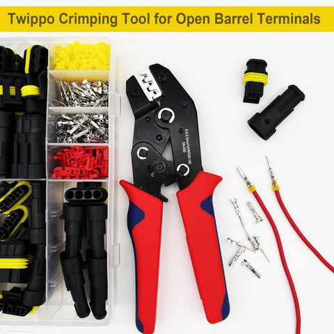 Ratcheting Wire Crimping Tool With Open Barrel Terminal Connectors For 20 To 14 AWG, red handle, tool kit included
