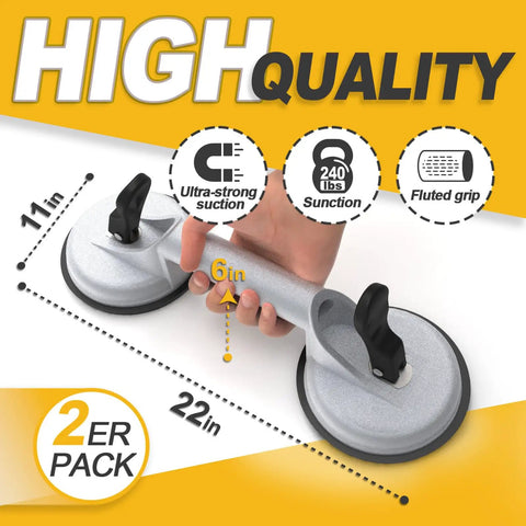 2 Pack Heavy Duty Aluminum Vacuum Glass Lifters With Rock Solid Grip And Hella Strong 240 Pound Crush Capacity for lifting glass and tiles.