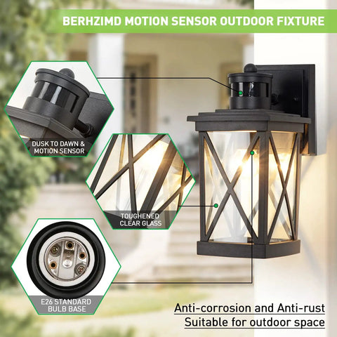 2 Pack Outdoor Wall Lanterns With Motion Sensor And Dusk To Dawn, Matte Black Sconces With Clear Glass, PIR Activated, Wall Mount Exterior Lights For Front Porch