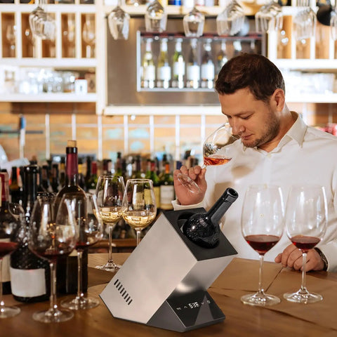 Single Bottle Wine Chiller For 750ml Bottles Iceless Stainless Steel Cooler in bar setting with tasting glasses