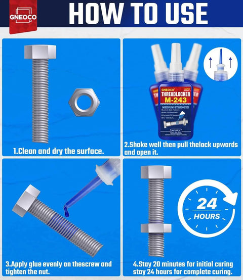 Steps for applying blue thread locker medium strength for nuts and bolts anaerobic adhesive that prevents loosening and corrosion on metals.