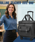 Woman in classroom with Detachable Wheels Rolling Teacher Tote Bag for 15.6 Inch Laptop, black, large trolley with 360-degree wheels
