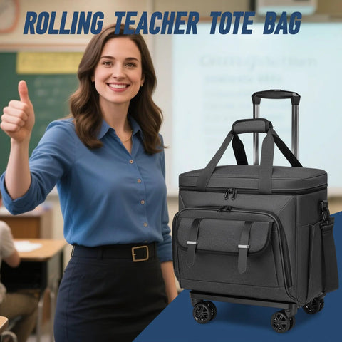 Woman in classroom with Detachable Wheels Rolling Teacher Tote Bag for 15.6 Inch Laptop, black, large trolley with 360-degree wheels