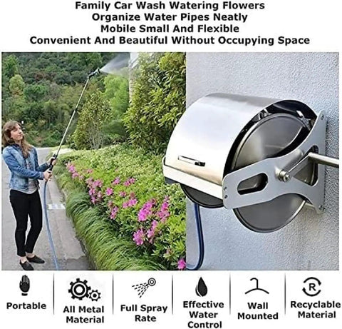 Premium Rock Solid Stainless Steel Garden Hose Reel Featuring Wall Mount Flexibility And Included Twenty Five Meter Hose for convenient watering.