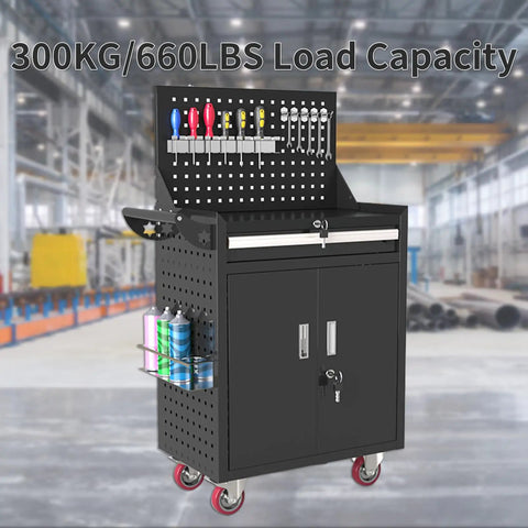 Rolling Tool Chest With Back Panel And Lockable Drawer On Wheels Built Tough For Workshop And Warehouse Heavy Duty Tool Organizer With Top Backboard For Hanging Tools Black, 300KG load capacity