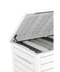 XXL 230 Gallon Deck Storage Box Outdoor Patio Container with lockable lid, piston opening, white wood-look panels containing cushions