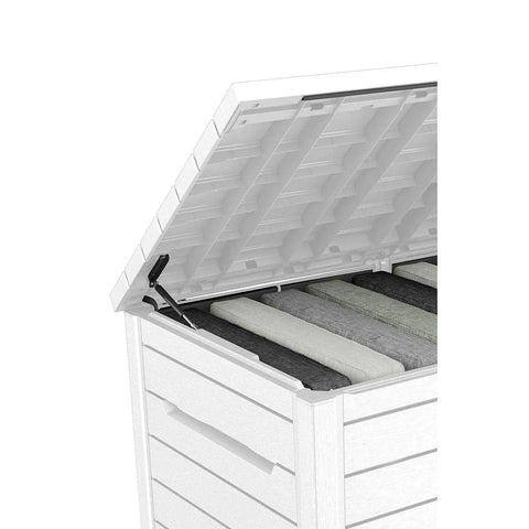 XXL 230 Gallon Deck Storage Box Outdoor Patio Container with lockable lid, piston opening, white wood-look panels containing cushions