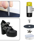 Dope 200 Sets Leather Rivets Kit With Star Studs For Leather Crafting And Repair Ideal For Jackets Shoes Bags Belts Purses And More Includes 2 Rivet Tools And Clear Storage Box showing setting tool on leather, star studded shoe and tools.