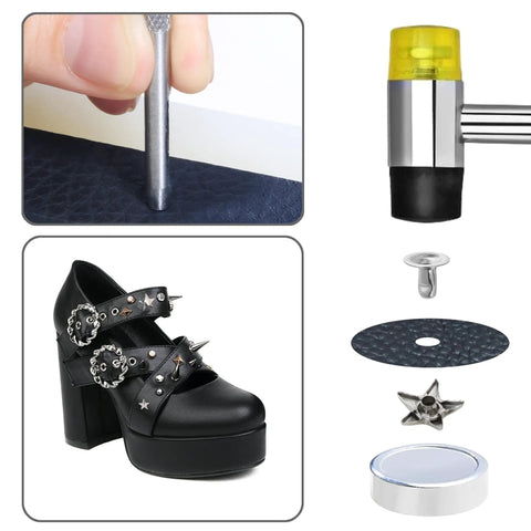 Dope 200 Sets Leather Rivets Kit With Star Studs For Leather Crafting And Repair Ideal For Jackets Shoes Bags Belts Purses And More Includes 2 Rivet Tools And Clear Storage Box showing setting tool on leather, star studded shoe and tools.