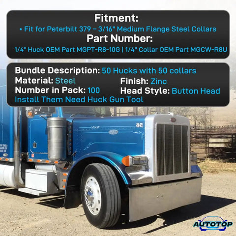 Peterbilt 379 Compatible 3 16 Inch Medium Flange Steel Collar Kit details with blue truck
