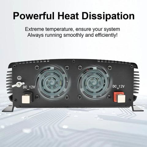 Heavy Duty Road Ready 3500W Power Inverter for Cars Trucks RVs and Solar Rigs displayed with powerful heat dissipation cooling fans.