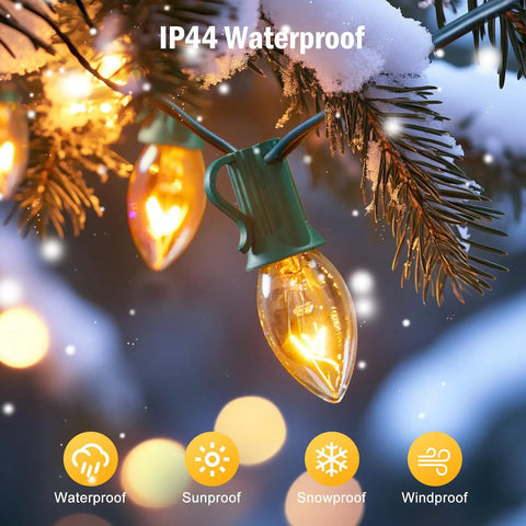 Close-up of Lit Outdoor 50 Feet LED Globe String Lights with 25 bulbs glowing on a snowy pine branch, IP44 waterproof rating shown.