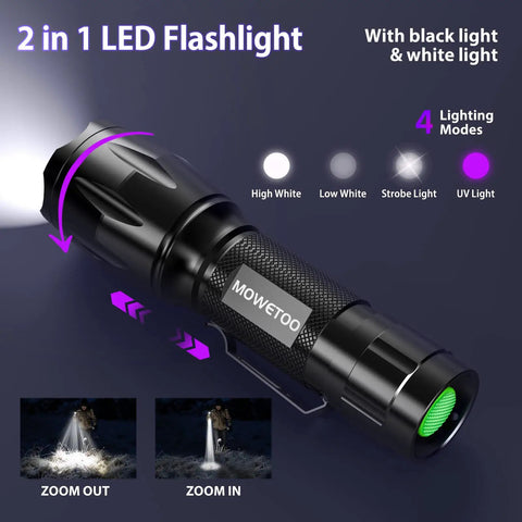 Portable UV Flashlight Blacklight With White And Ultraviolet Light For Pet Urine Stain Detection On Carpets And Fabrics Bed Bug Inspector ID Check Leak Spotter Resin And Currency Verification